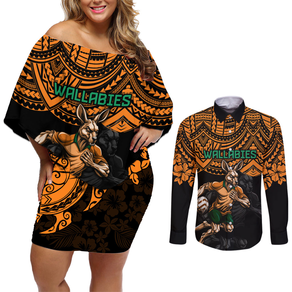 cusrom-australia-wallabies-rugby-couples-matching-off-shoulder-short-dress-and-long-sleeve-button-shirt-hibiscus-and-turtle-with-polynesian-pattern