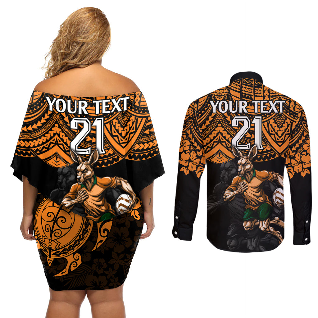 cusrom-australia-wallabies-rugby-couples-matching-off-shoulder-short-dress-and-long-sleeve-button-shirt-hibiscus-and-turtle-with-polynesian-pattern