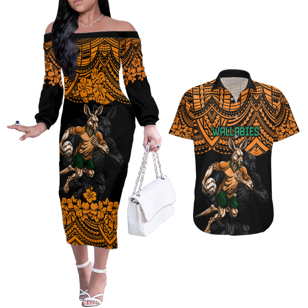 cusrom-australia-wallabies-rugby-couples-matching-off-the-shoulder-long-sleeve-dress-and-hawaiian-shirt-hibiscus-and-turtle-with-polynesian-pattern
