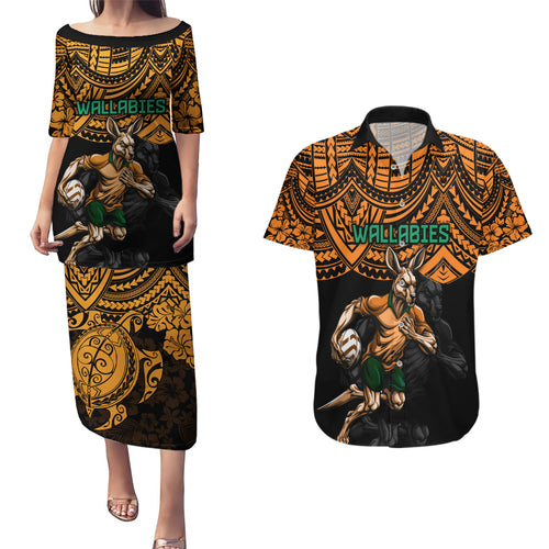 cusrom-australia-wallabies-rugby-couples-matching-puletasi-dress-and-hawaiian-shirt-hibiscus-and-turtle-with-polynesian-pattern