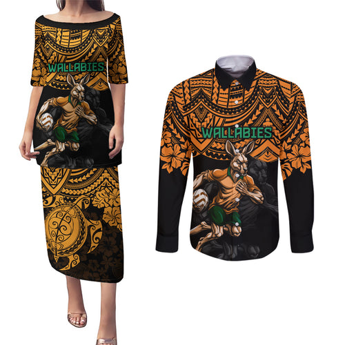 cusrom-australia-wallabies-rugby-couples-matching-puletasi-dress-and-long-sleeve-button-shirt-hibiscus-and-turtle-with-polynesian-pattern