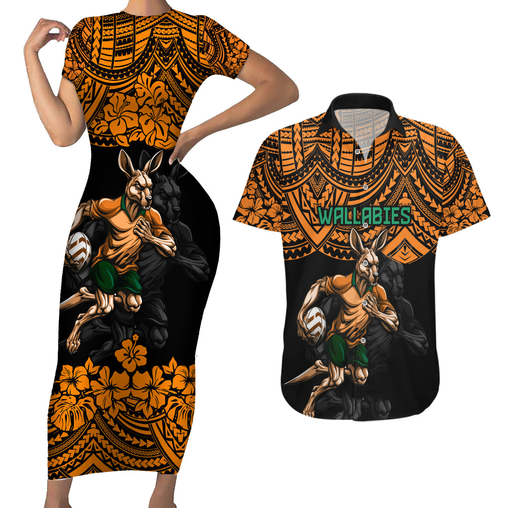 cusrom-australia-wallabies-rugby-couples-matching-short-sleeve-bodycon-dress-and-hawaiian-shirt-hibiscus-and-turtle-with-polynesian-pattern