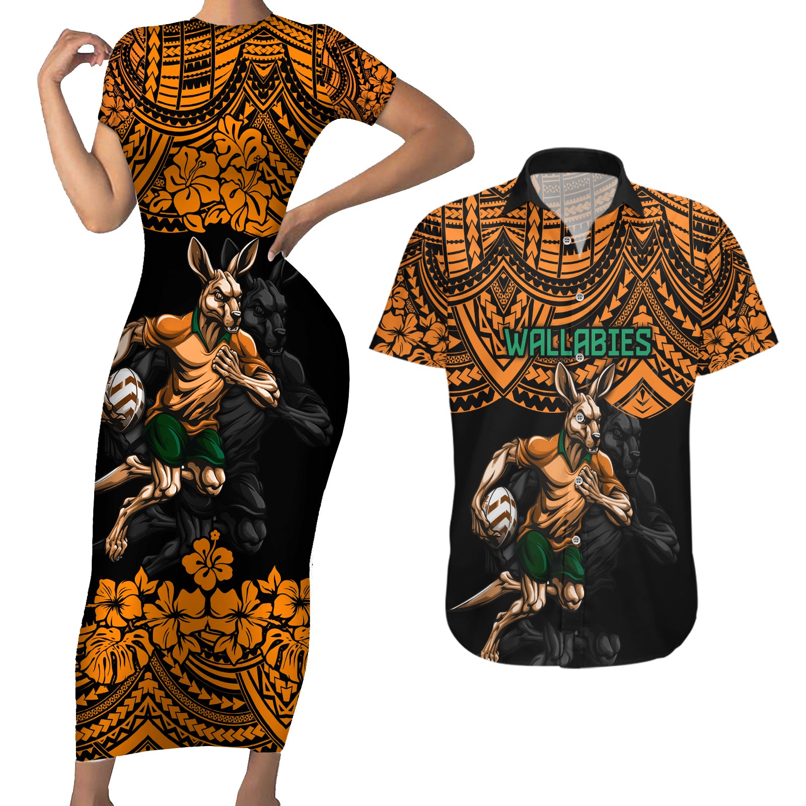 cusrom-australia-wallabies-rugby-couples-matching-short-sleeve-bodycon-dress-and-hawaiian-shirt-hibiscus-and-turtle-with-polynesian-pattern