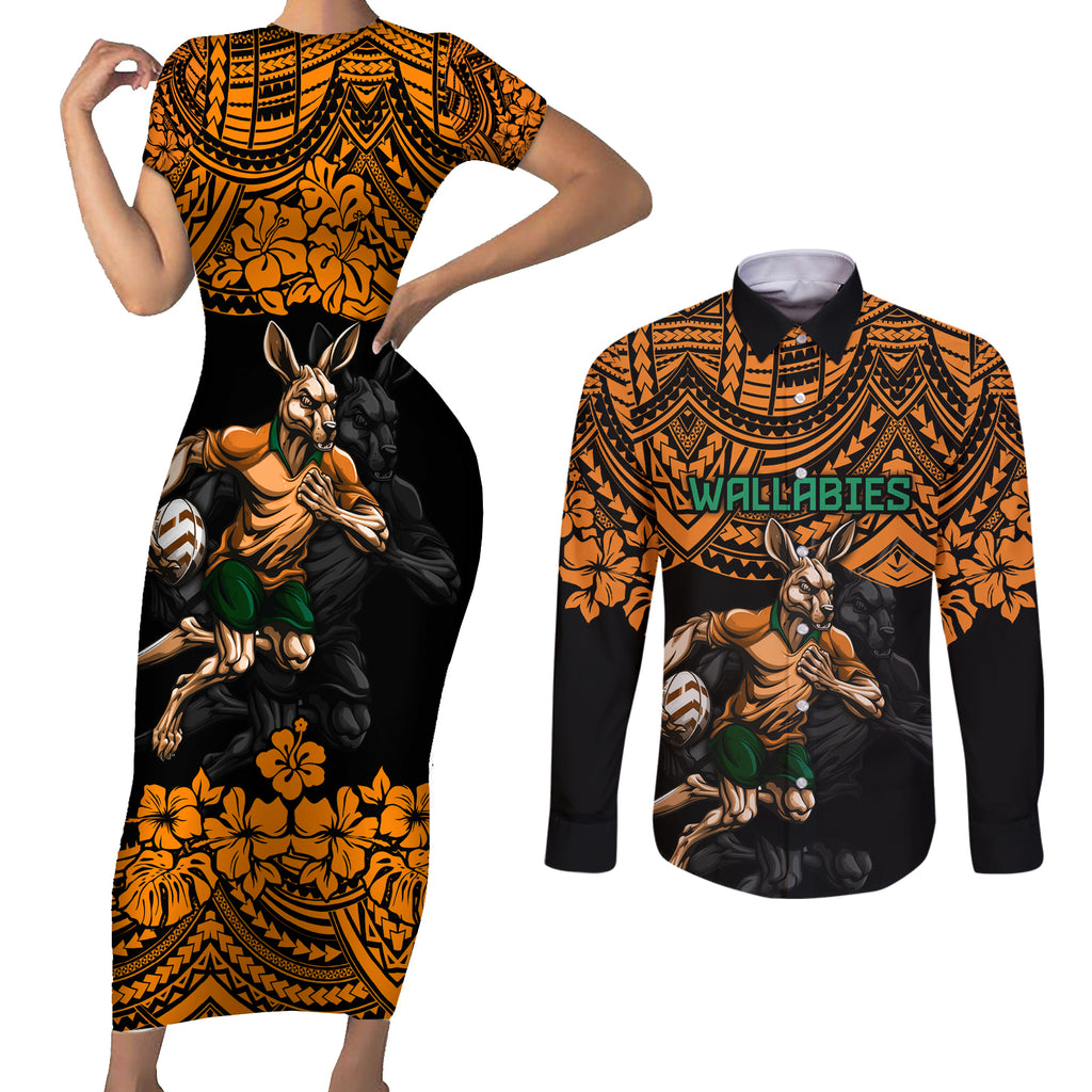 cusrom-australia-wallabies-rugby-couples-matching-short-sleeve-bodycon-dress-and-long-sleeve-button-shirt-hibiscus-and-turtle-with-polynesian-pattern