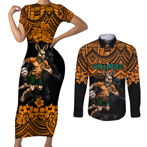 cusrom-australia-wallabies-rugby-couples-matching-short-sleeve-bodycon-dress-and-long-sleeve-button-shirt-hibiscus-and-turtle-with-polynesian-pattern