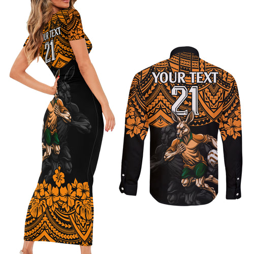 cusrom-australia-wallabies-rugby-couples-matching-short-sleeve-bodycon-dress-and-long-sleeve-button-shirt-hibiscus-and-turtle-with-polynesian-pattern