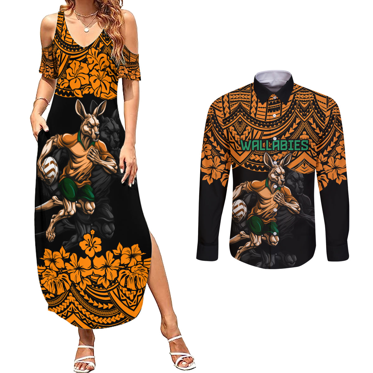 cusrom-australia-wallabies-rugby-couples-matching-summer-maxi-dress-and-long-sleeve-button-shirt-hibiscus-and-turtle-with-polynesian-pattern
