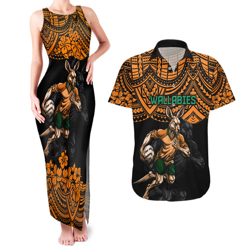 cusrom-australia-wallabies-rugby-couples-matching-tank-maxi-dress-and-hawaiian-shirt-hibiscus-and-turtle-with-polynesian-pattern