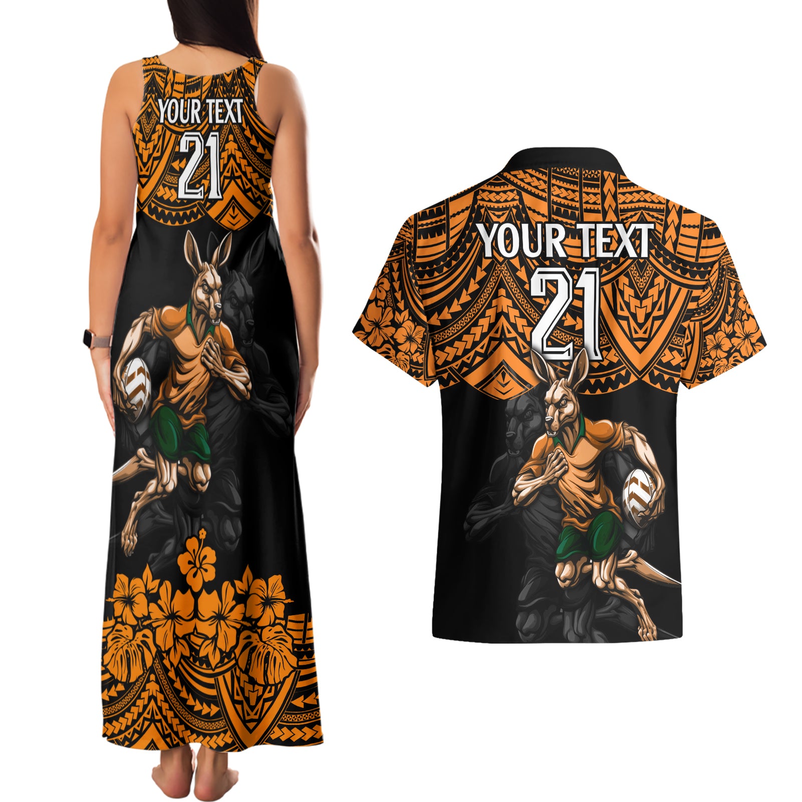 cusrom-australia-wallabies-rugby-couples-matching-tank-maxi-dress-and-hawaiian-shirt-hibiscus-and-turtle-with-polynesian-pattern