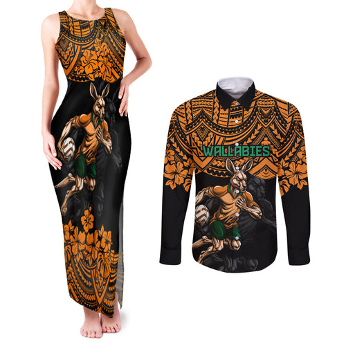 cusrom-australia-wallabies-rugby-couples-matching-tank-maxi-dress-and-long-sleeve-button-shirt-hibiscus-and-turtle-with-polynesian-pattern