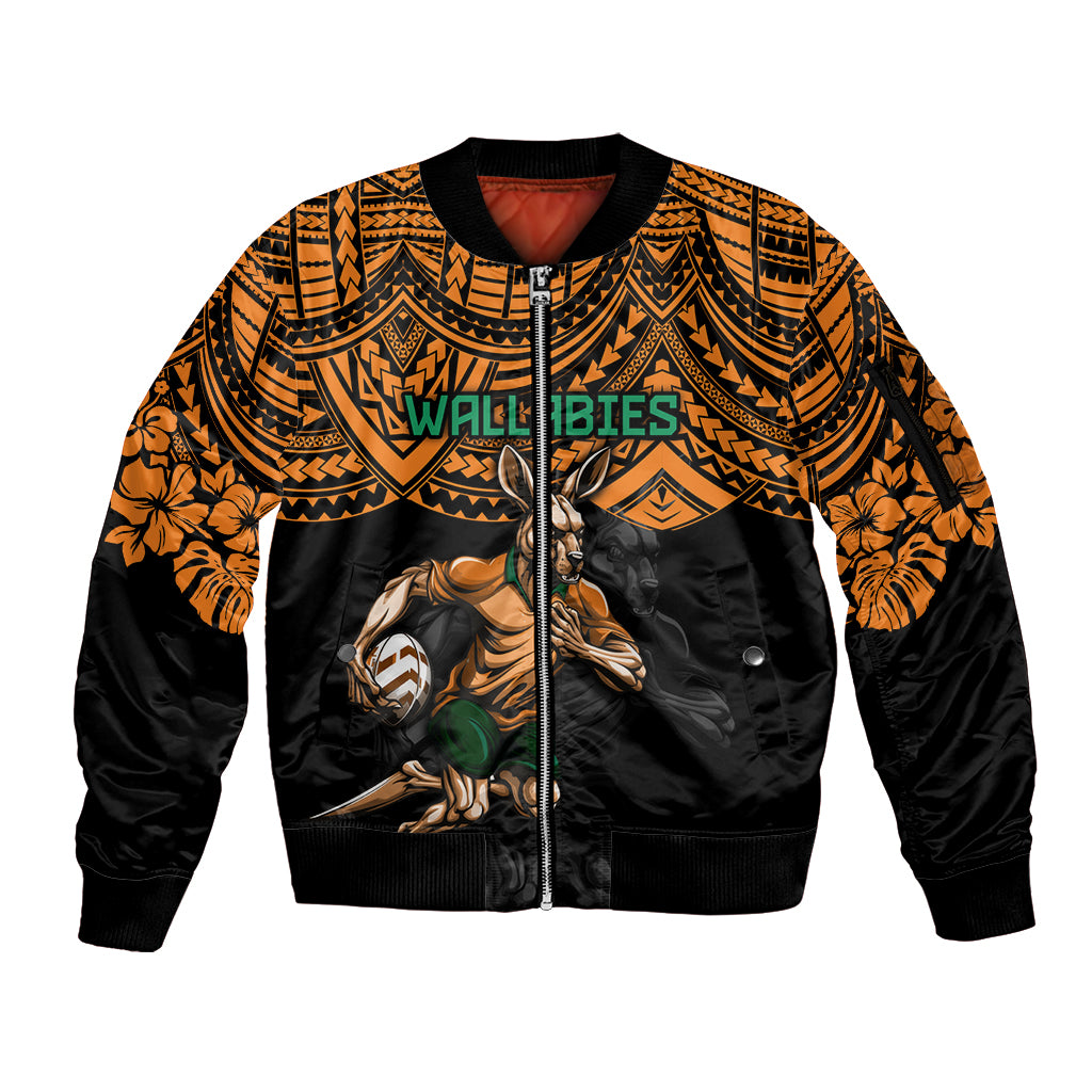 cusrom-australia-wallabies-rugby-sleeve-zip-bomber-jacket-hibiscus-and-turtle-with-polynesian-pattern