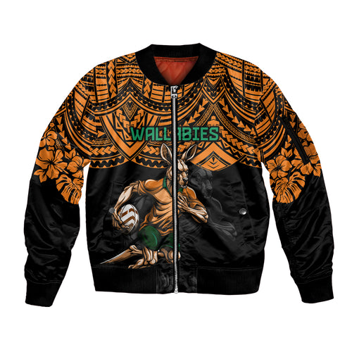 cusrom-australia-wallabies-rugby-sleeve-zip-bomber-jacket-hibiscus-and-turtle-with-polynesian-pattern