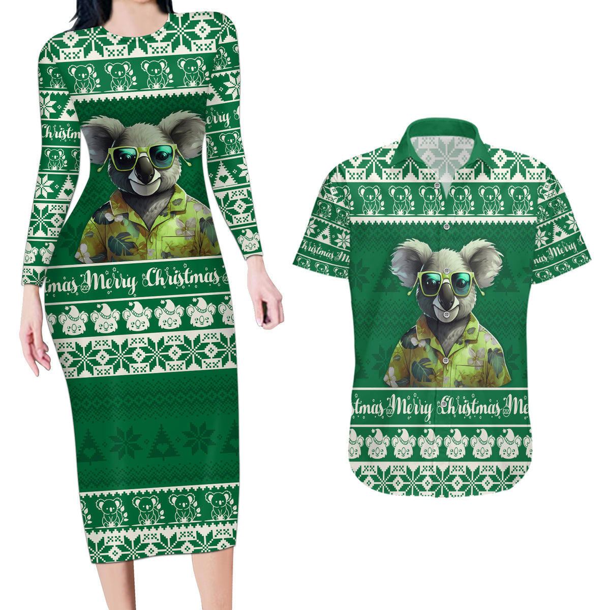 personalised-australia-koala-christmas-couples-matching-long-sleeve-bodycon-dress-and-hawaiian-shirt-santa-koala-stay-cool
