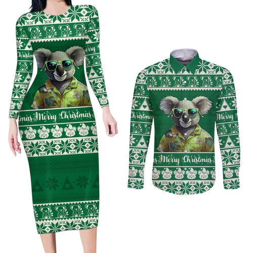 personalised-australia-koala-christmas-couples-matching-long-sleeve-bodycon-dress-and-long-sleeve-button-shirt-santa-koala-stay-cool