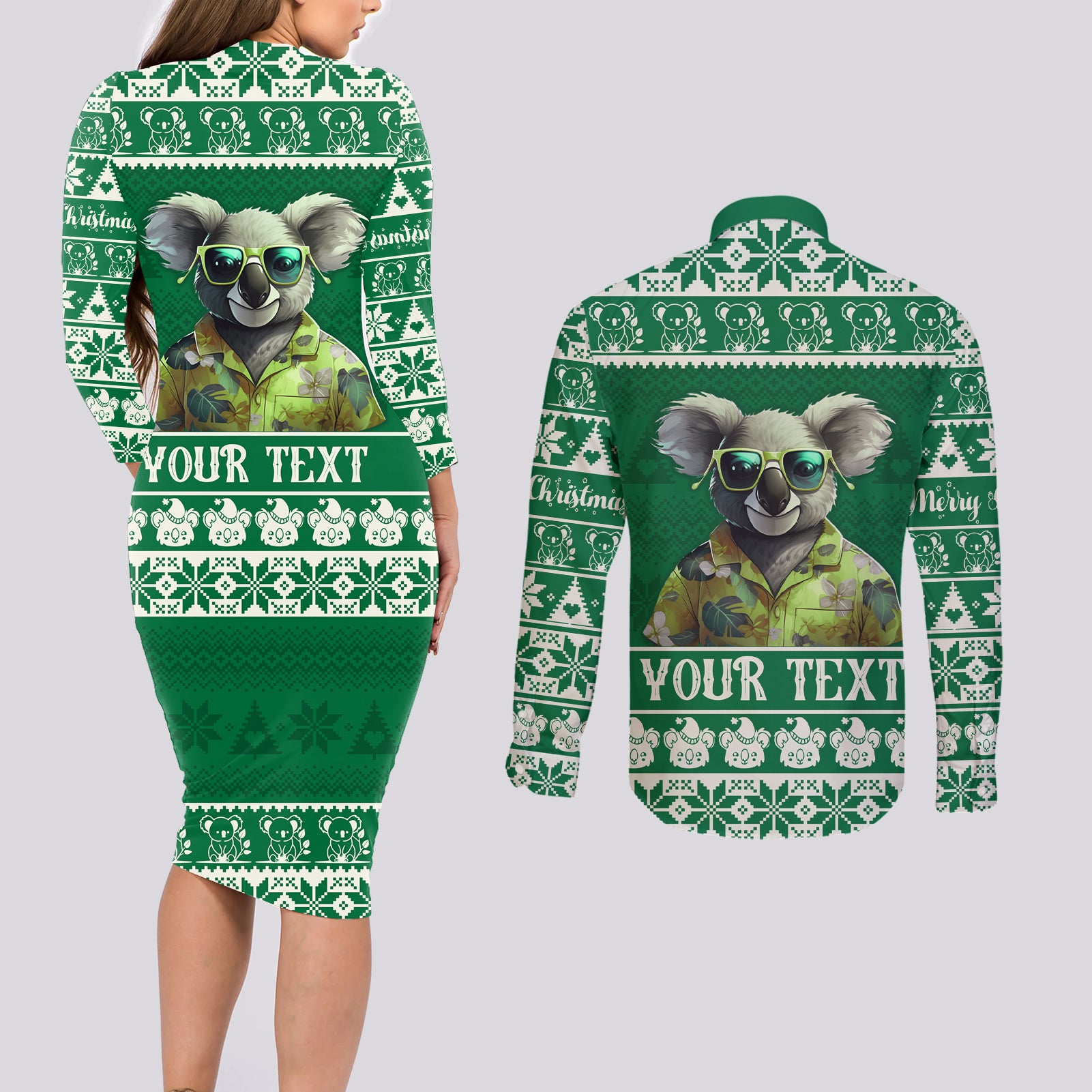 personalised-australia-koala-christmas-couples-matching-long-sleeve-bodycon-dress-and-long-sleeve-button-shirt-santa-koala-stay-cool