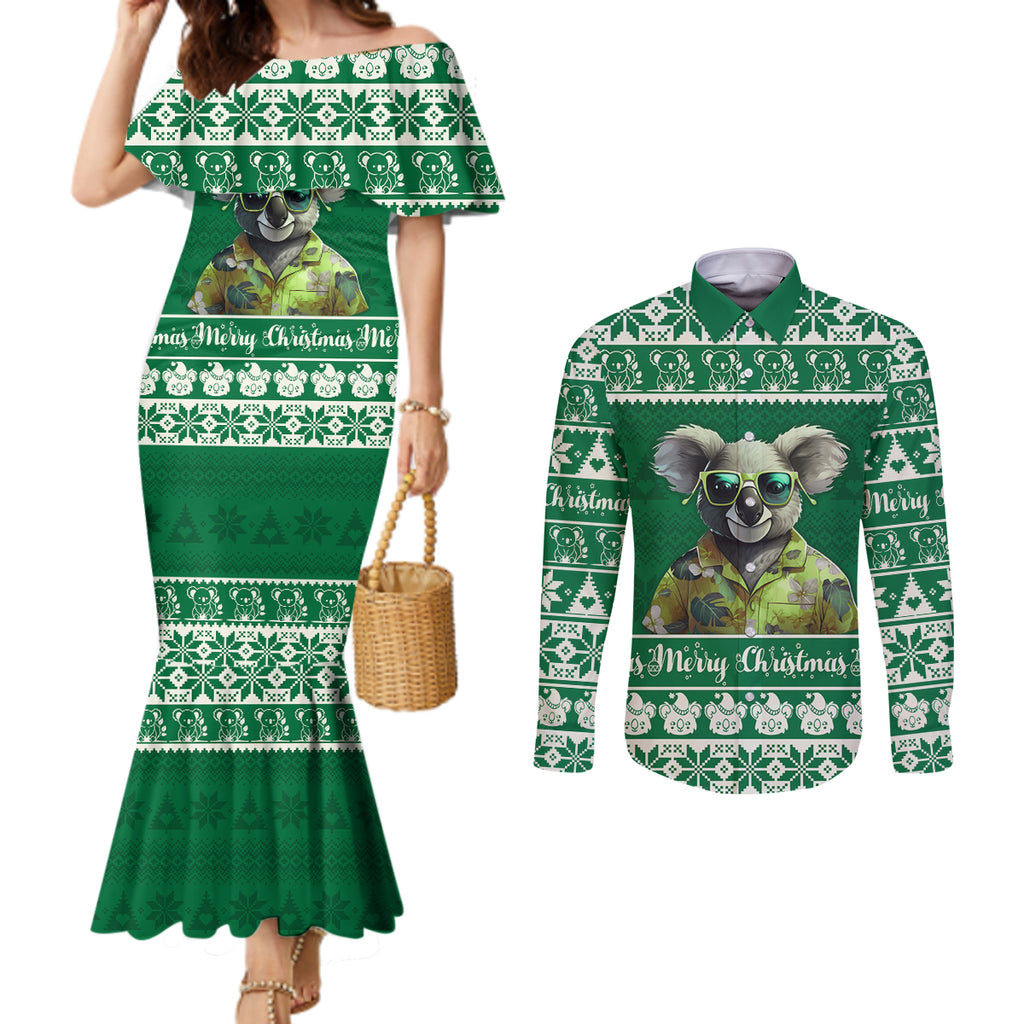 personalised-australia-koala-christmas-couples-matching-mermaid-dress-and-long-sleeve-button-shirt-santa-koala-stay-cool