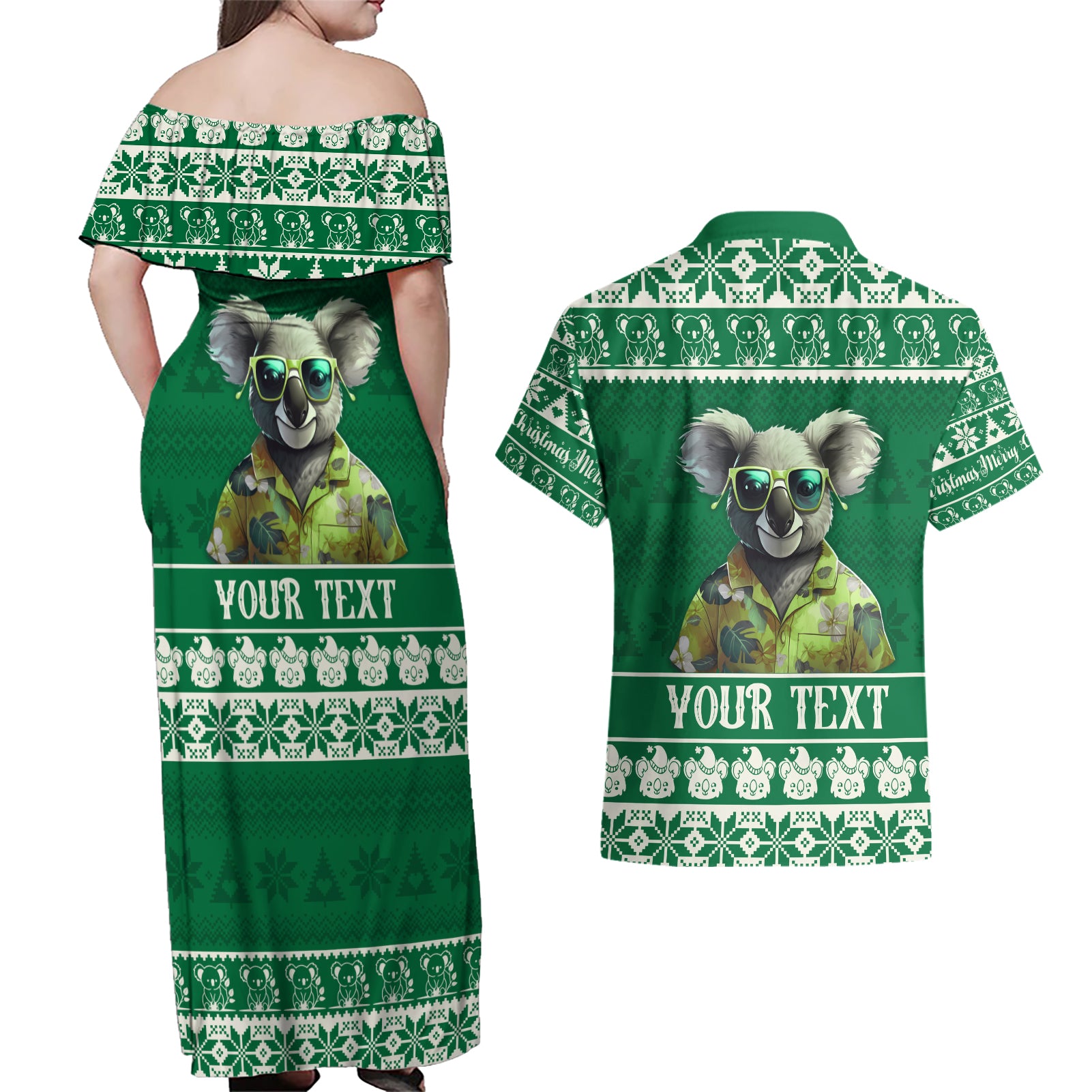 personalised-australia-koala-christmas-couples-matching-off-shoulder-maxi-dress-and-hawaiian-shirt-santa-koala-stay-cool