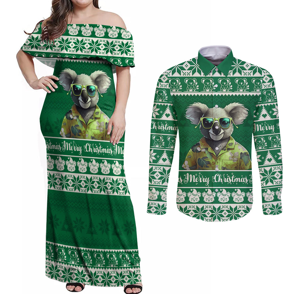 personalised-australia-koala-christmas-couples-matching-off-shoulder-maxi-dress-and-long-sleeve-button-shirt-santa-koala-stay-cool