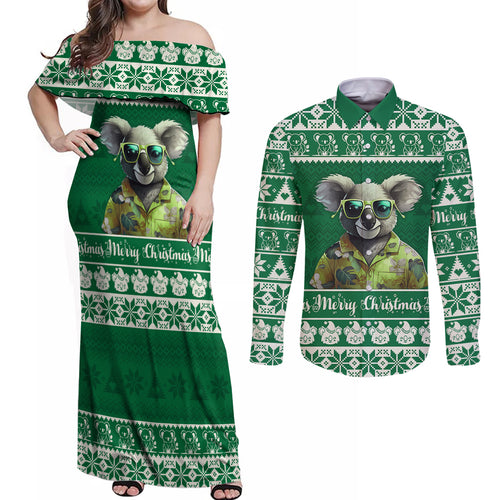 personalised-australia-koala-christmas-couples-matching-off-shoulder-maxi-dress-and-long-sleeve-button-shirt-santa-koala-stay-cool