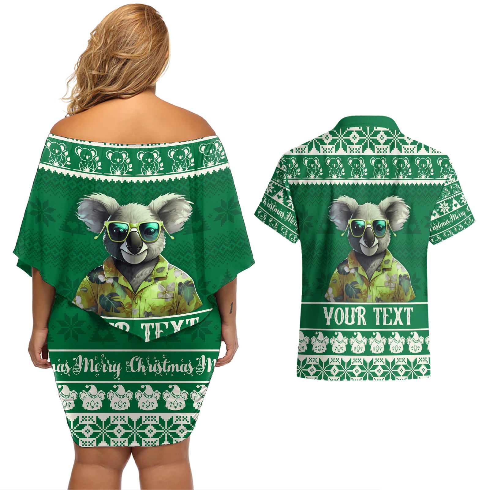 personalised-australia-koala-christmas-couples-matching-off-shoulder-short-dress-and-hawaiian-shirt-santa-koala-stay-cool