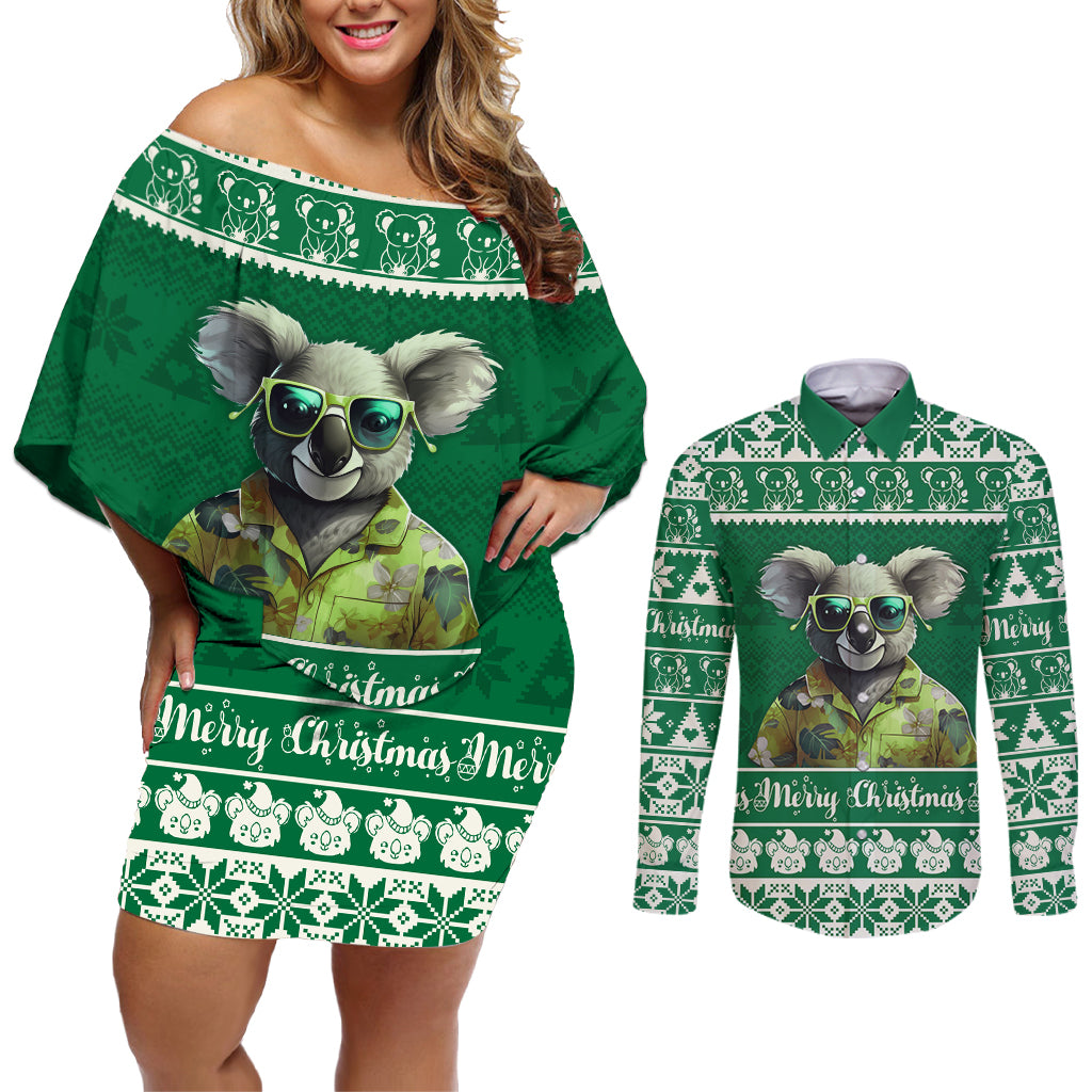 personalised-australia-koala-christmas-couples-matching-off-shoulder-short-dress-and-long-sleeve-button-shirt-santa-koala-stay-cool
