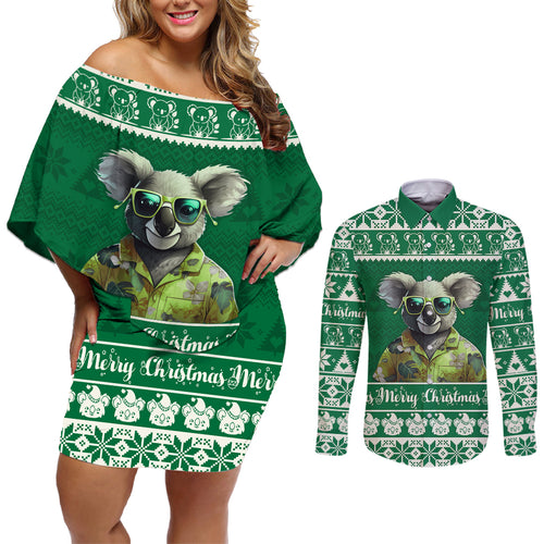 personalised-australia-koala-christmas-couples-matching-off-shoulder-short-dress-and-long-sleeve-button-shirt-santa-koala-stay-cool