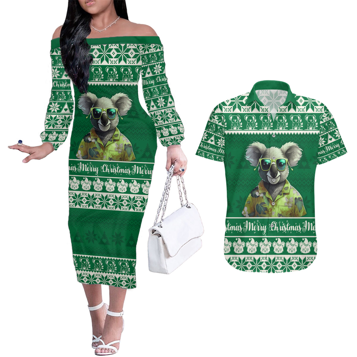 personalised-australia-koala-christmas-couples-matching-off-the-shoulder-long-sleeve-dress-and-hawaiian-shirt-santa-koala-stay-cool
