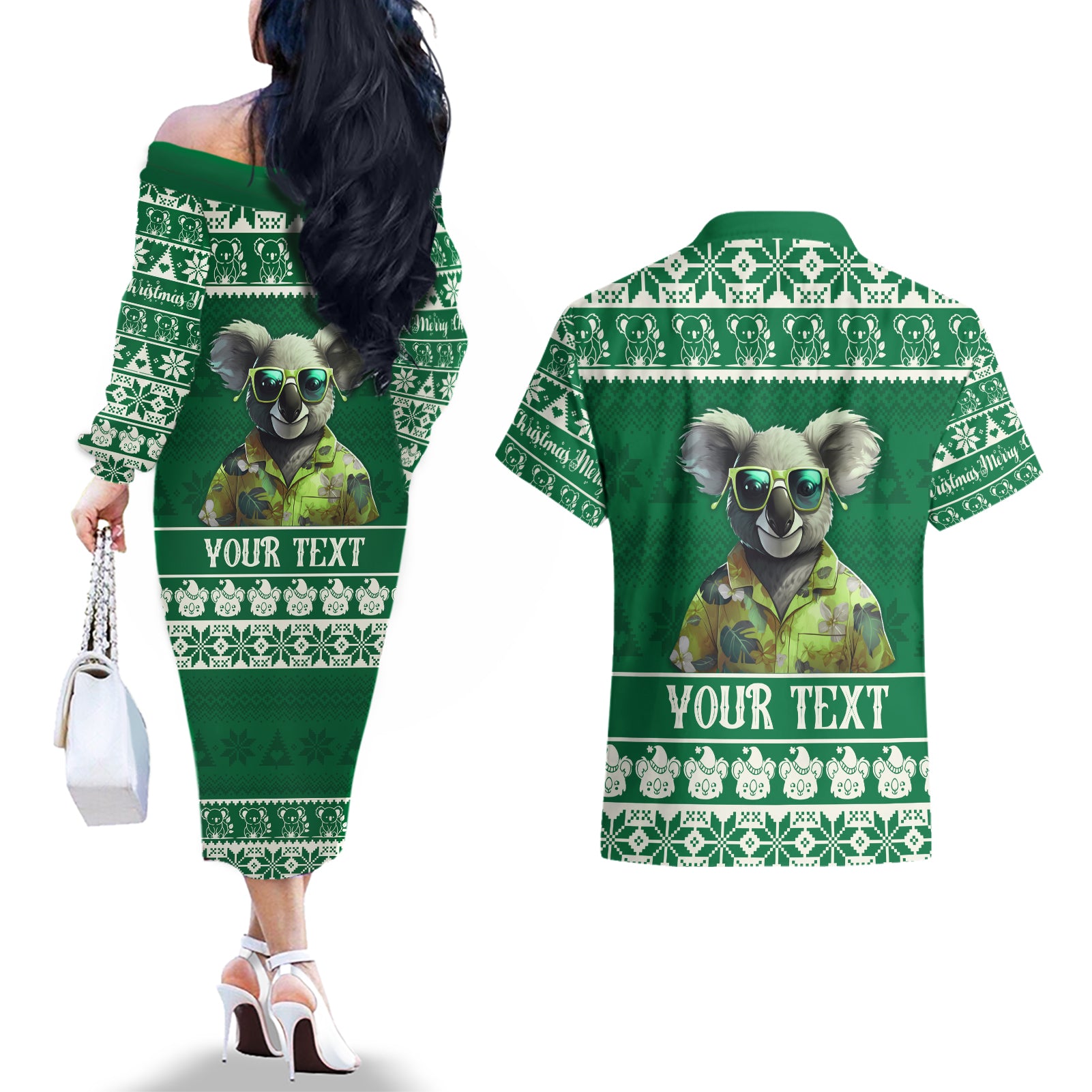 personalised-australia-koala-christmas-couples-matching-off-the-shoulder-long-sleeve-dress-and-hawaiian-shirt-santa-koala-stay-cool