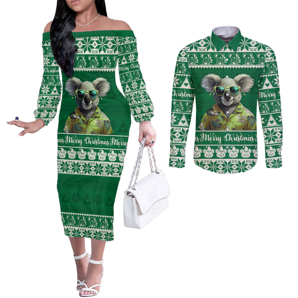 personalised-australia-koala-christmas-couples-matching-off-the-shoulder-long-sleeve-dress-and-long-sleeve-button-shirt-santa-koala-stay-cool