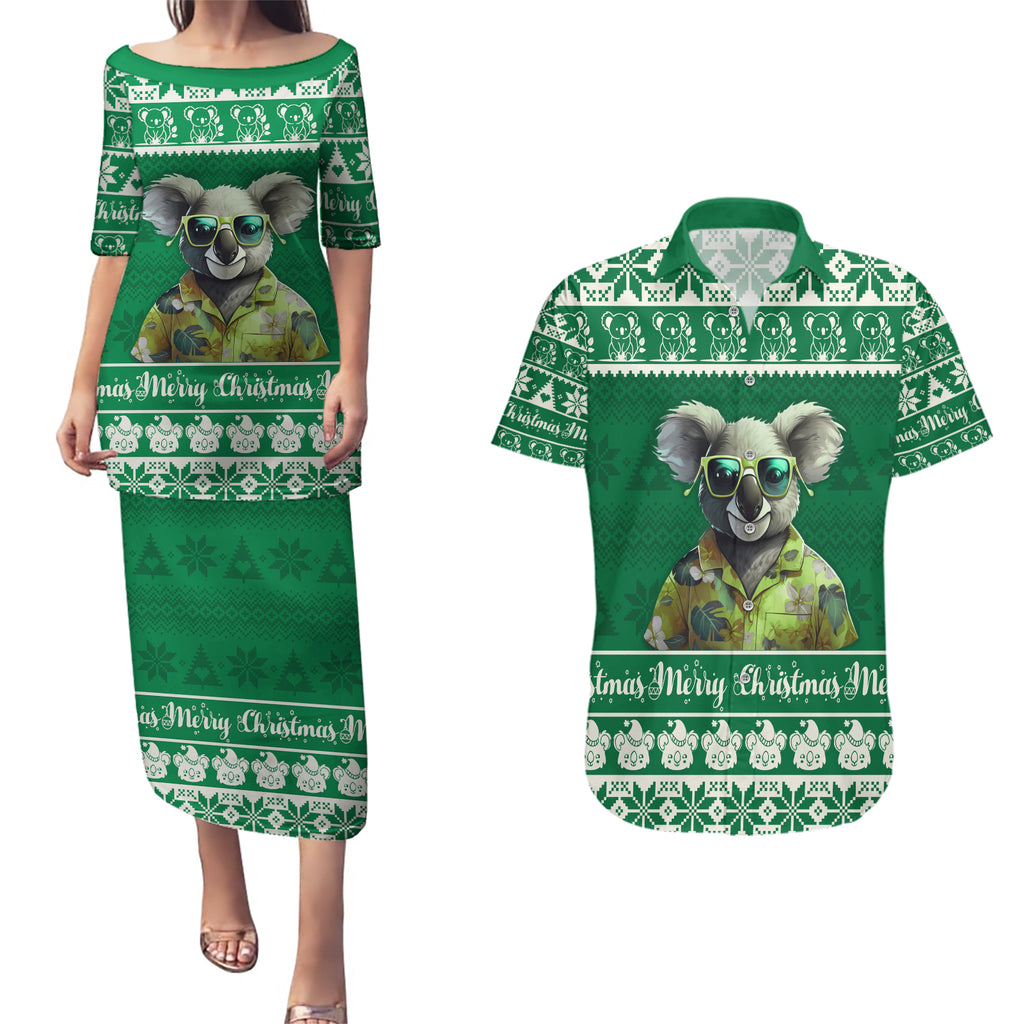 personalised-australia-koala-christmas-couples-matching-puletasi-dress-and-hawaiian-shirt-santa-koala-stay-cool