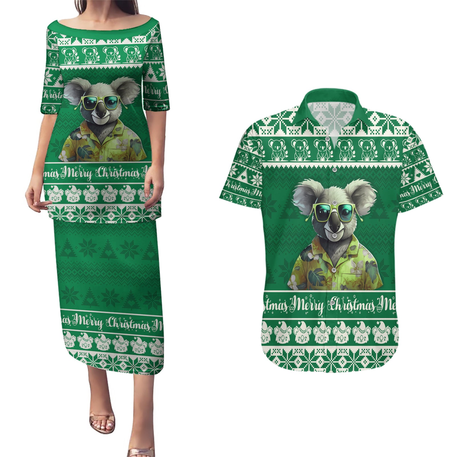 personalised-australia-koala-christmas-couples-matching-puletasi-dress-and-hawaiian-shirt-santa-koala-stay-cool