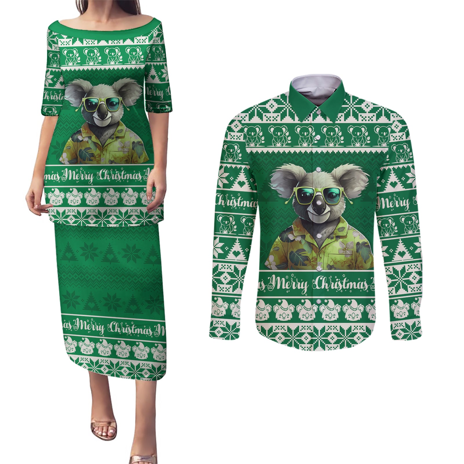 personalised-australia-koala-christmas-couples-matching-puletasi-dress-and-long-sleeve-button-shirt-santa-koala-stay-cool