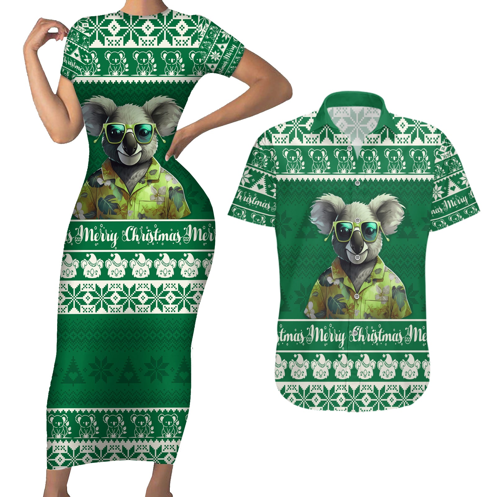 personalised-australia-koala-christmas-couples-matching-short-sleeve-bodycon-dress-and-hawaiian-shirt-santa-koala-stay-cool