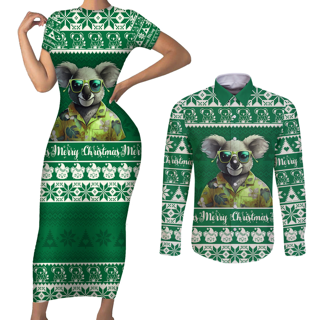 personalised-australia-koala-christmas-couples-matching-short-sleeve-bodycon-dress-and-long-sleeve-button-shirt-santa-koala-stay-cool