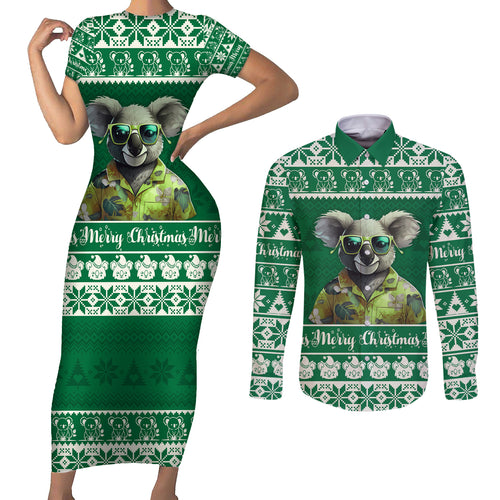 personalised-australia-koala-christmas-couples-matching-short-sleeve-bodycon-dress-and-long-sleeve-button-shirt-santa-koala-stay-cool