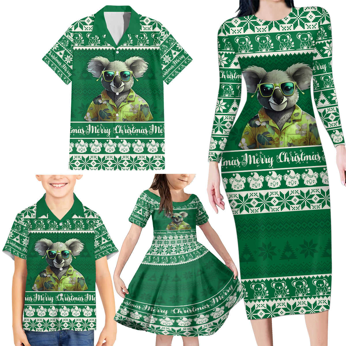 personalised-australia-koala-christmas-family-matching-long-sleeve-bodycon-dress-and-hawaiian-shirt-santa-koala-stay-cool
