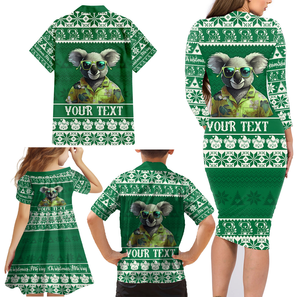 personalised-australia-koala-christmas-family-matching-long-sleeve-bodycon-dress-and-hawaiian-shirt-santa-koala-stay-cool