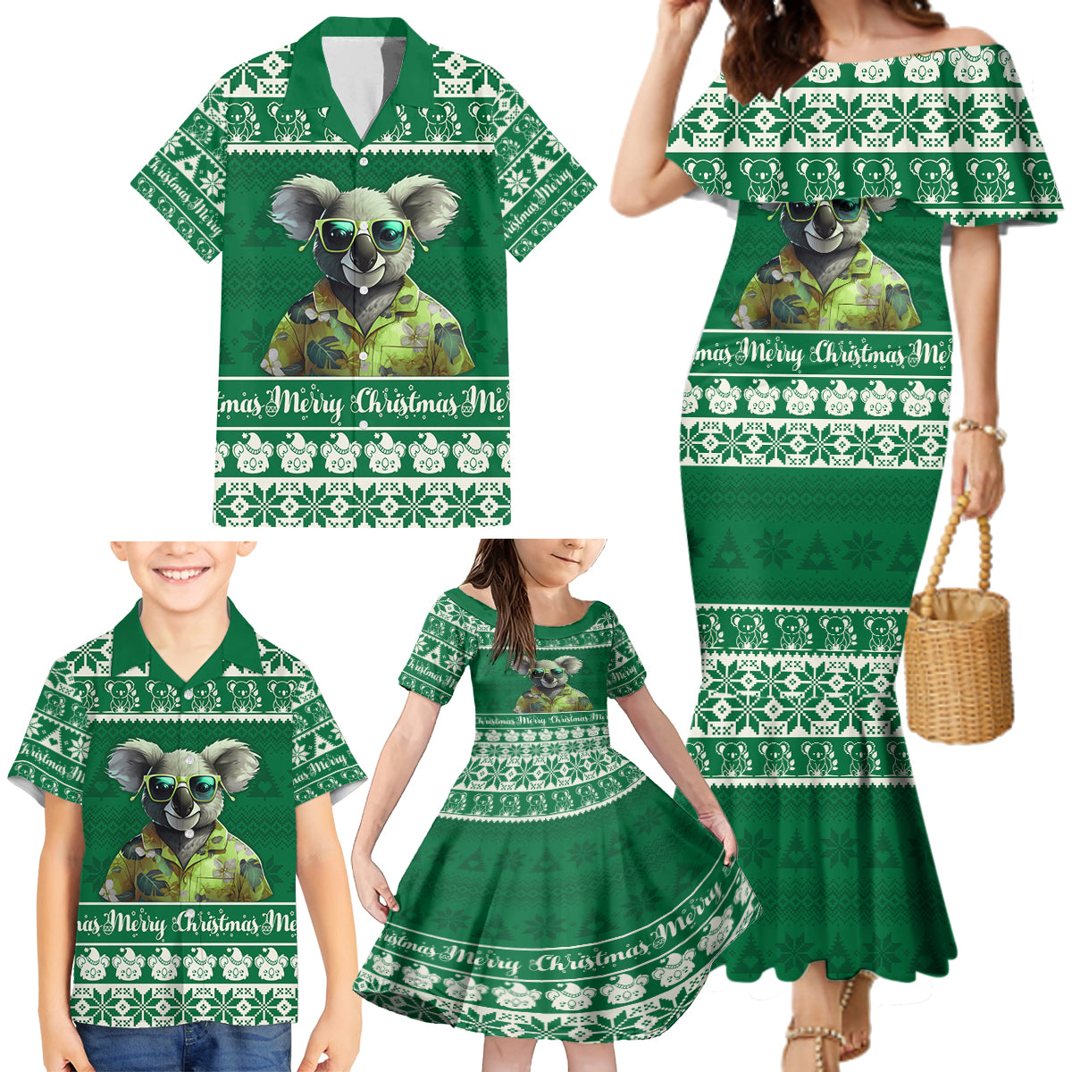 personalised-australia-koala-christmas-family-matching-mermaid-dress-and-hawaiian-shirt-santa-koala-stay-cool