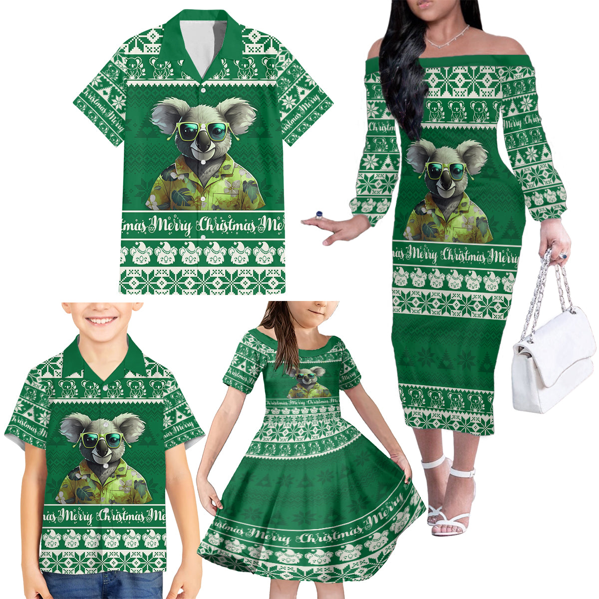 personalised-australia-koala-christmas-family-matching-off-shoulder-long-sleeve-dress-and-hawaiian-shirt-santa-koala-stay-cool