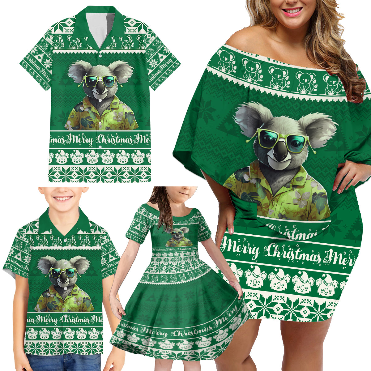 personalised-australia-koala-christmas-family-matching-off-shoulder-short-dress-and-hawaiian-shirt-santa-koala-stay-cool
