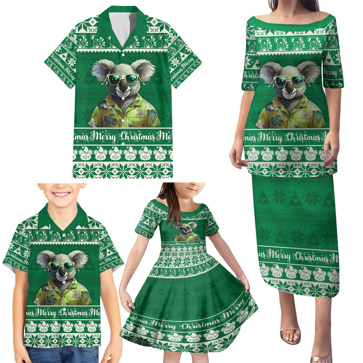 personalised-australia-koala-christmas-family-matching-puletasi-dress-and-hawaiian-shirt-santa-koala-stay-cool