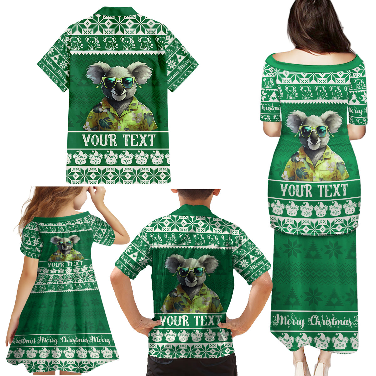 personalised-australia-koala-christmas-family-matching-puletasi-dress-and-hawaiian-shirt-santa-koala-stay-cool