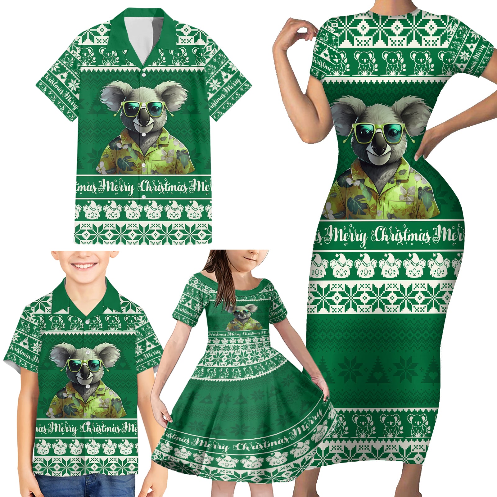 personalised-australia-koala-christmas-family-matching-short-sleeve-bodycon-dress-and-hawaiian-shirt-santa-koala-stay-cool