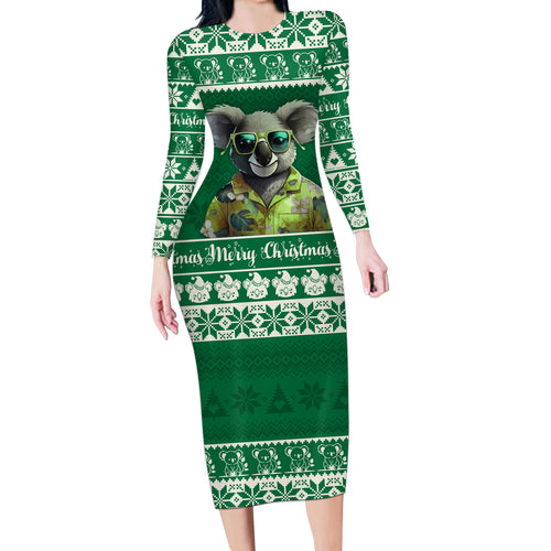 personalised-australia-koala-christmas-long-sleeve-bodycon-dress-santa-koala-stay-cool
