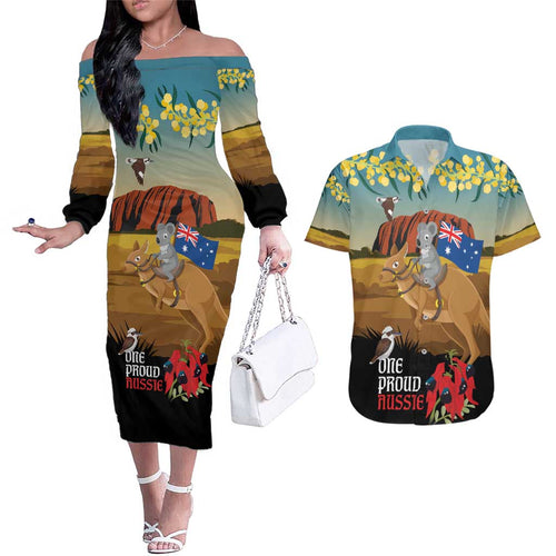 26 January One Proud Aussie Couples Matching Off The Shoulder Long Sleeve Dress and Hawaiian Shirt Kangaroo and Koala Happy Australia Day