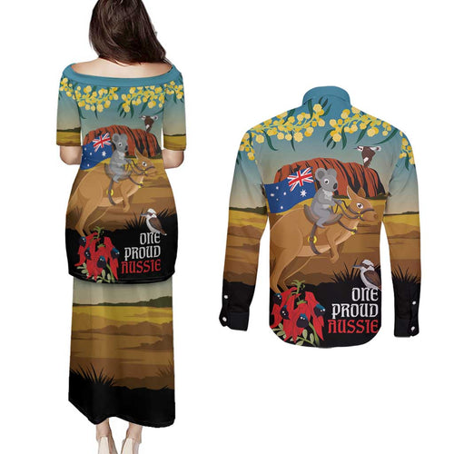 26 January One Proud Aussie Couples Matching Puletasi and Long Sleeve Button Shirt Kangaroo and Koala Happy Australia Day
