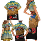 26 January One Proud Aussie Family Matching Short Sleeve Bodycon Dress and Hawaiian Shirt Kangaroo and Koala Happy Australia Day