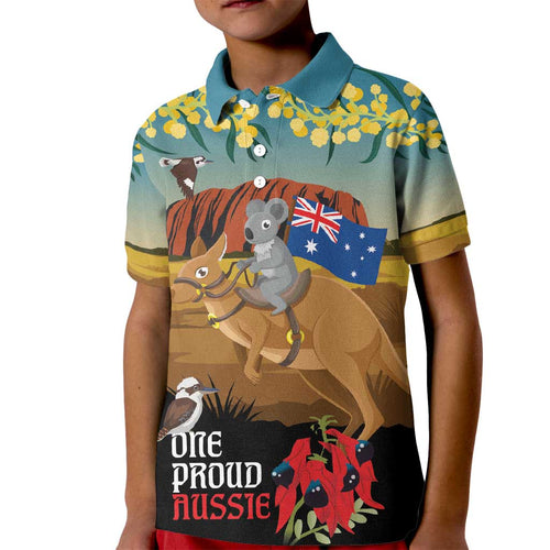 26 January One Proud Aussie Kid Polo Shirt Kangaroo and Koala Happy Australia Day