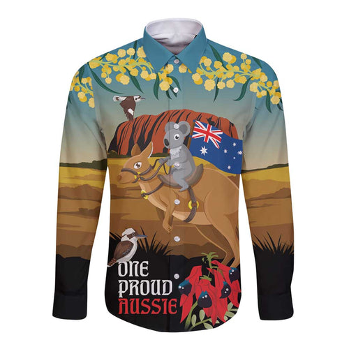 26 January One Proud Aussie Long Sleeve Button Shirt Kangaroo and Koala Happy Australia Day