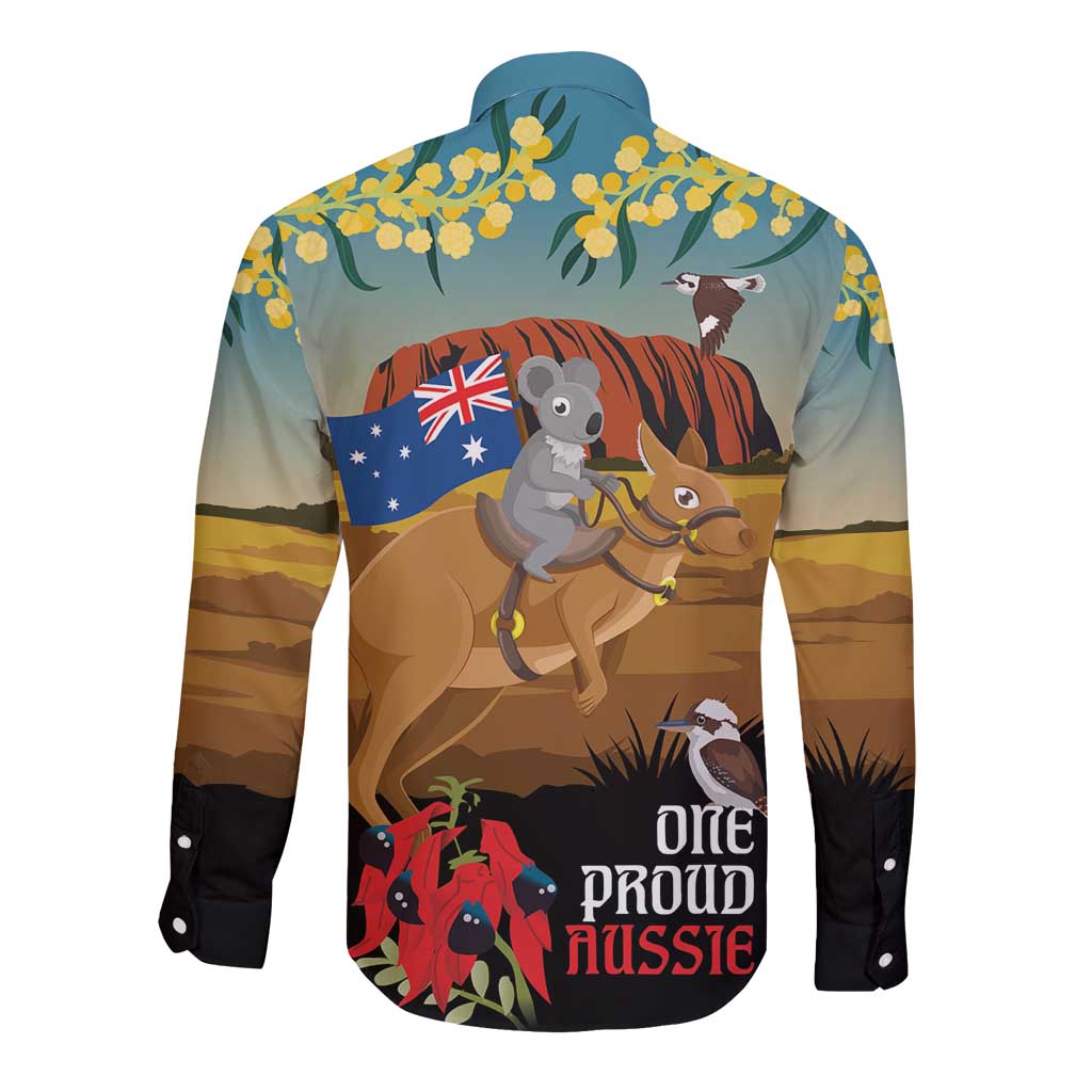 26 January One Proud Aussie Long Sleeve Button Shirt Kangaroo and Koala Happy Australia Day